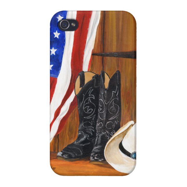 Coque iPhone Drapeau américain, bottes de cowboy et casquette (Dos)