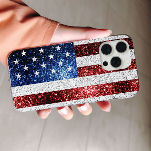 Coque iPhone 16 Pro Max Drapeau américain rouge blanc bleu scintillements