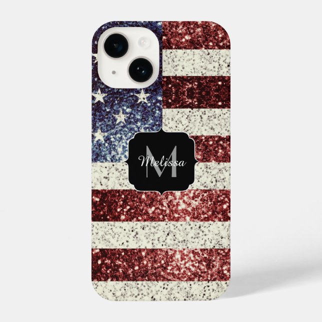 Coque iPhone Drapeau américain rouge or bleu rustique scintille (Verso)