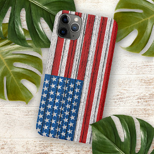 Coque iPhone 16 Pro Max Drapeau Américain Sur Motif De Planches De Bois Al