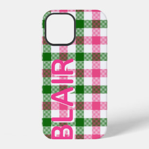 Coque iPhone 12 Écossais rose et vert personnalisé