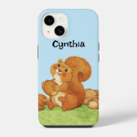Écureuil rouge mignon Stash nuts Grass bleu