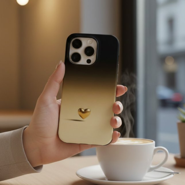 Coque iPhone Elegant 3D Gold Heart Minimalist Black & Gold Grad (Créateur téléchargé)
