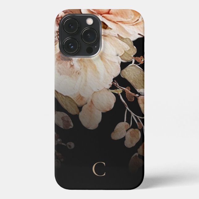 Coque iPhone Elégant aquarelle Floral Monogramme Noir (Verso)