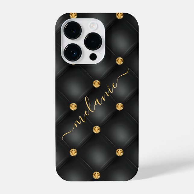 Coque iPhone Elégant Diamant Or Noir Tufted Luxe Votre Nom (Verso)