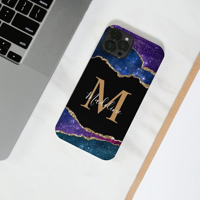 Coque iPhone Élégant Galaxy Gold Agate Géode Monogramme (Créateur téléchargé)
