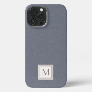 Etui iPhone 13 Pro Max Élégant Minimaliste Bleu Gris Faux Lin Monogramme