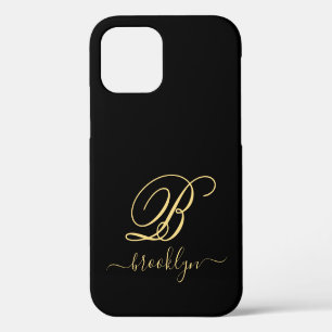 Coque iPhone 12 Élégant Moderne Monogramme Manuscrit Or Noir