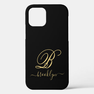 Coque iPhone 12 Élégant Moderne Monogramme Manuscrit Or Noir