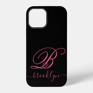 Coque iPhone 12 Élégant Moderne Monogramme Manuscrit Rose Noir
