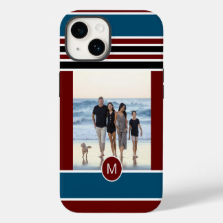 Coque Pour iPhone 14 Élégant Monogramme bleu rayé personnalisé Photo