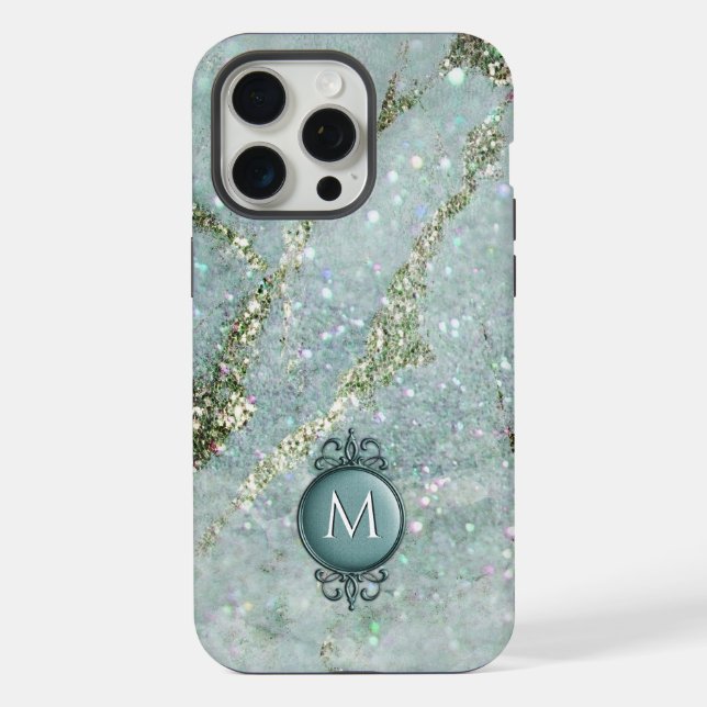 Coque iPhone Élégant Monogramme de Parties scintillant de menth (Verso)