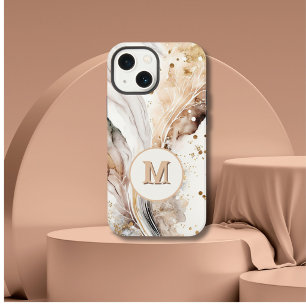 Etui iPhone 13 Mini Élégant Monogramme Marbre Brun Or Design Abstrait