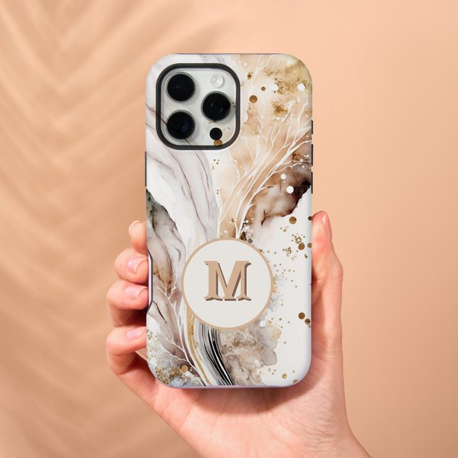Coque iPhone Élégant Monogramme Marbre Brun Or Design Abstrait (Créateur téléchargé)
