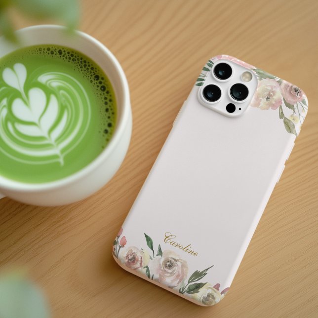 Coque iPhone Élégant Monogramme Or Floral Peony rose (Créateur téléchargé)