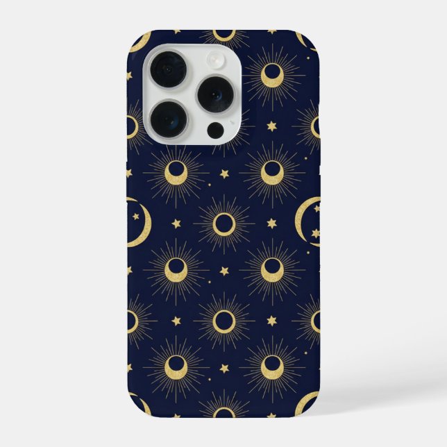 Coque iPhone Elegant Navy and Gold Celestial Moon & Sun Pattern (Verso)