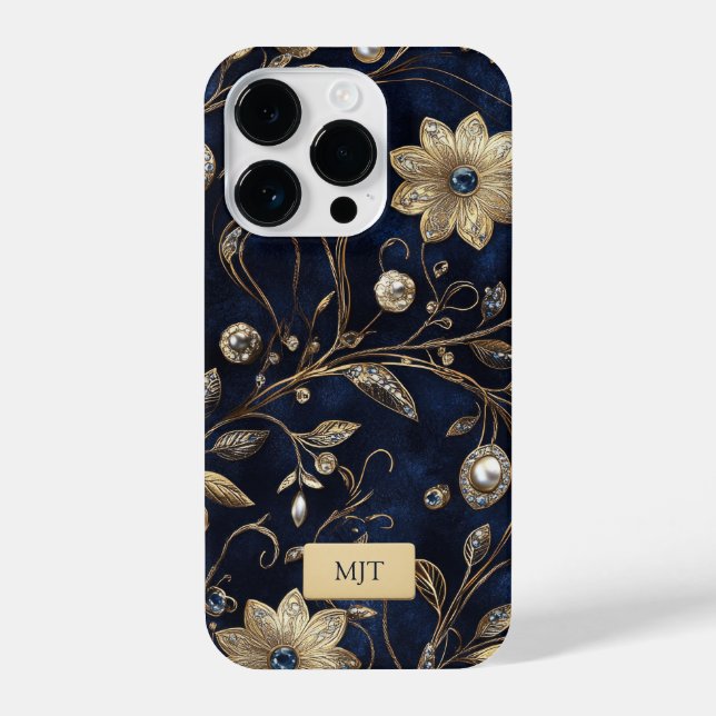 Coque iPhone Elegant Navy Gold Floral Phone Case (Verso)