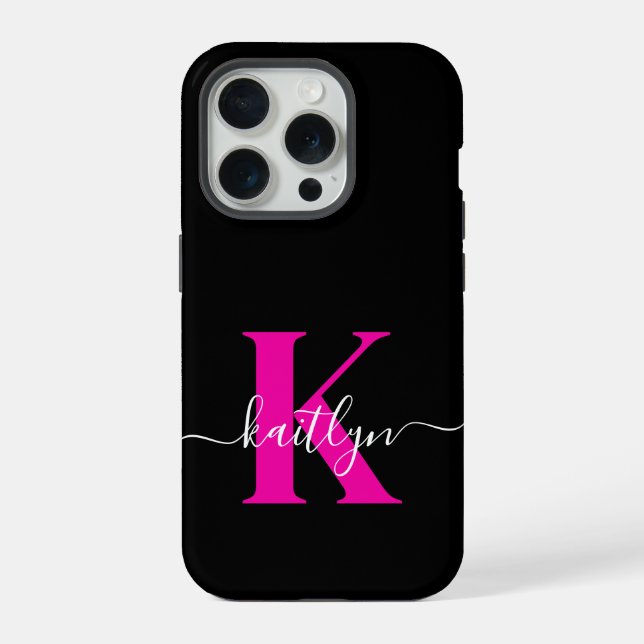 Coque iPhone Élégant Noir Hot Rose Script Monogramme (Verso)