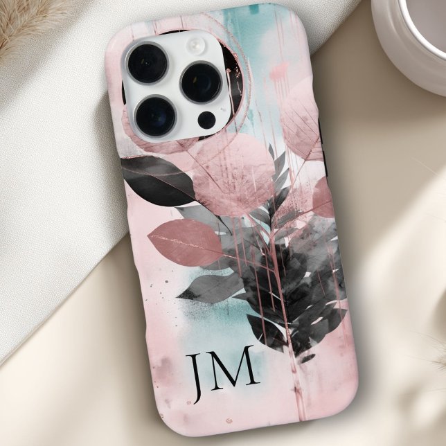 Coque iPhone Élégant Rose botanique-Monogramme or (Elegant Botanical Rose-Gold Monogram iPhone Case)