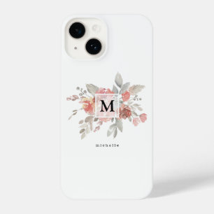 Coque Pour iPhone 14 Élégant rose pâle FloralMonogramme