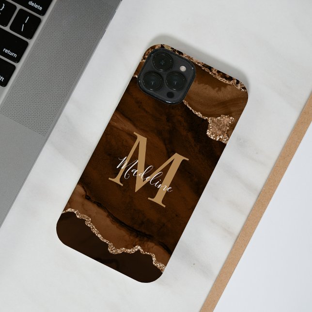 Coque iPhone Elégant Velours Rust Or Agate Géode Monogramme (Créateur téléchargé)