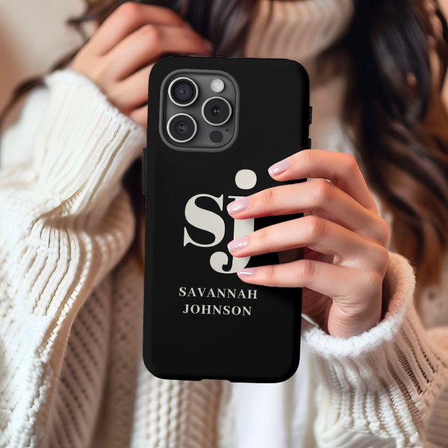 Coque iPhone Élégante initiales de monogramme noir (Créateur téléchargé)