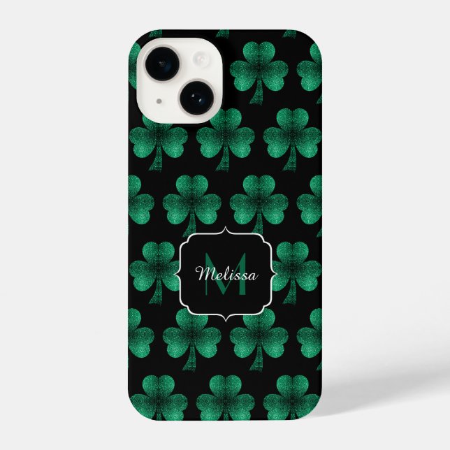Coque iPhone Emerald Green Sparkle Shamrock noir Monogramme (Verso)