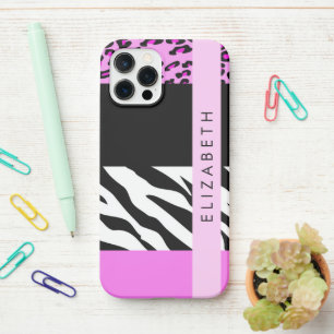 Coque iPhone 12 Pro Empreinte de léopard, Zebra Print, Rose, Votre nom