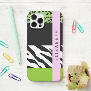 Coque iPhone 12 Pro Empreinte de léopard, Zebra Print, Vert, Votre nom