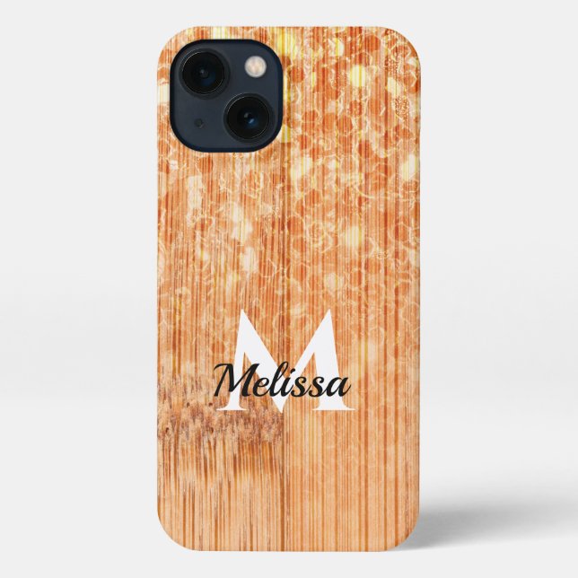 Coque iPhone Empreinte en bois de bambou orange brillant Monogr (Verso)