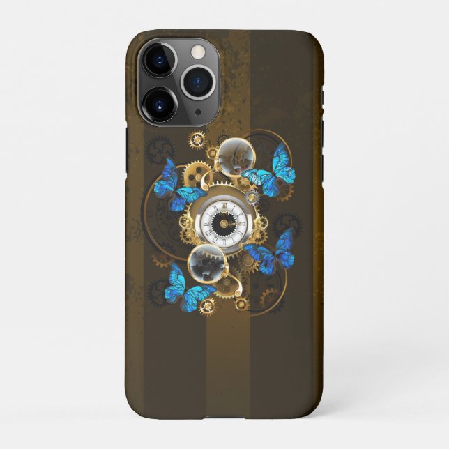Coque iPhone Engrenages à vapeur et papillons bleus (Dos)