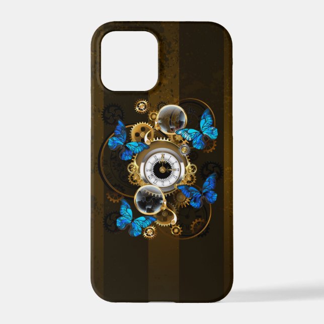 Coque iPhone Engrenages à vapeur et papillons bleus (Verso)