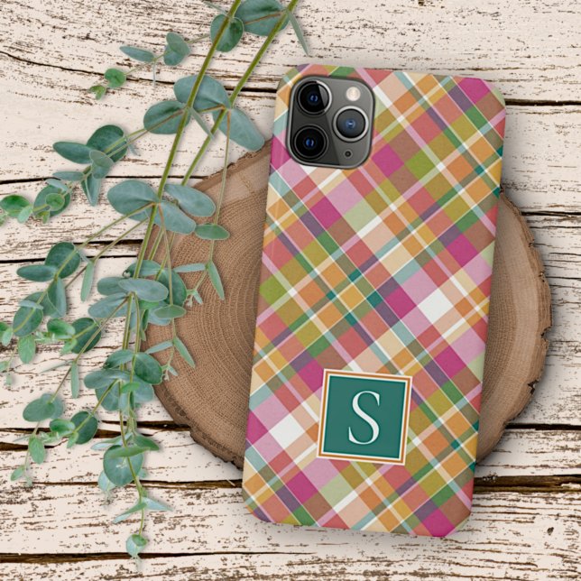 Coque iPhone Été élégant orange rose Turquoise vert Plaid Motif (Créateur téléchargé)