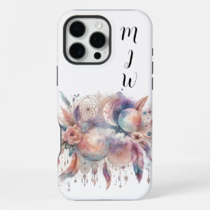 Coque iPhone 16 Pro Max Étui Boho céleste à plumes pour iPhone/iPad