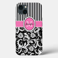Étui damassé rayé rose, noir et blanc avec monogra