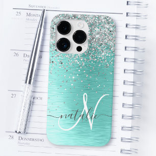 Coque Pour iPhone 14 Plus Étui de nom de monogramme de paillettes de métal b