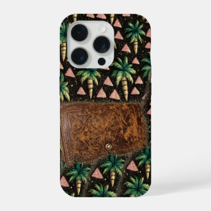 Étui iPhone 15 motif portefeuille en cuir et palmi