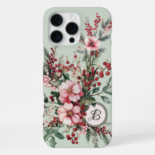 Coque iPhone 16 Pro Max Étui monogrammé floral de Noël à l'aquarelle rose