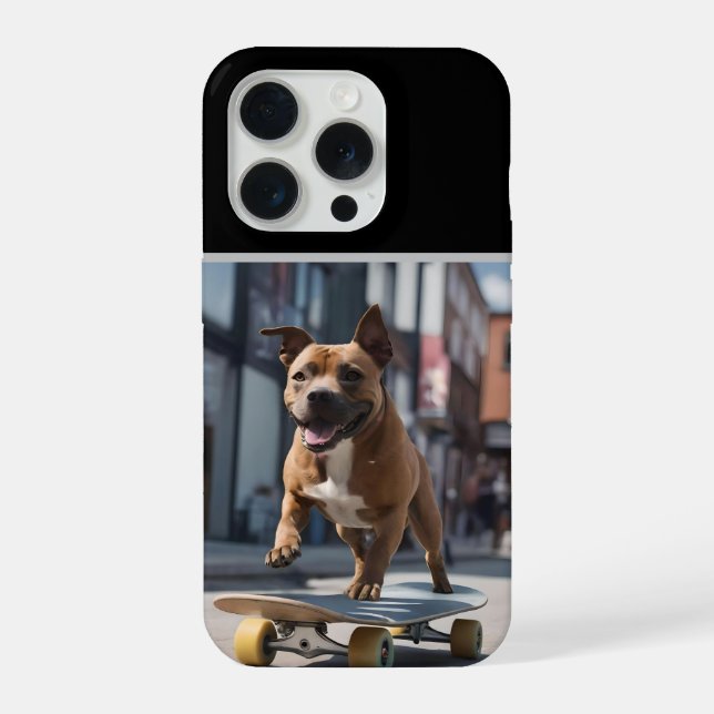 Coque iPhone Exploit de skateboard : un Staffy en mouvement (Verso)