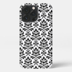 Etui iPhone 13 Pro Feuille Damask Patte noir sur blanc