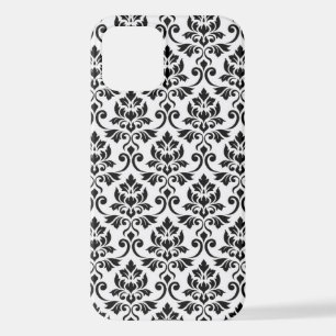 Coque iPhone 12 Feuille Damask Patte noir sur blanc
