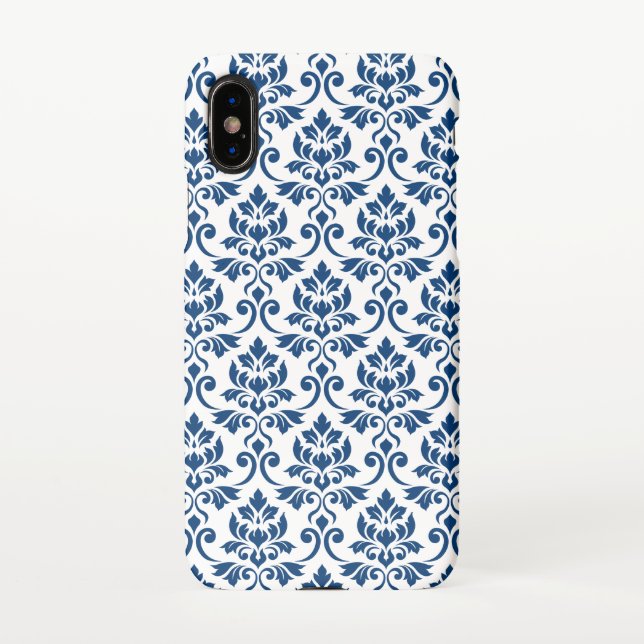 Coque iPhone Feuille Damask Pattern bleu foncé sur blanc (Dos)