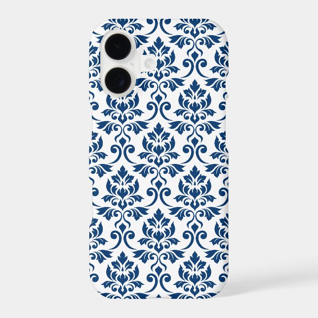 Coque iPhone Feuille Damask Pattern bleu foncé sur blanc (Verso)