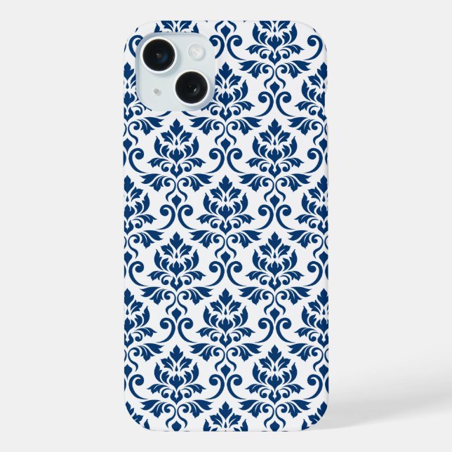 Coque iPhone Feuille Damask Pattern bleu foncé sur blanc (Verso)