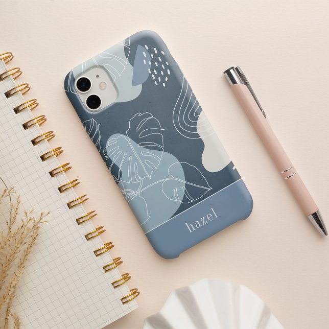 Coque iPhone Feuille de monstère tropicale de Boho bleu Dusty (Créateur téléchargé)