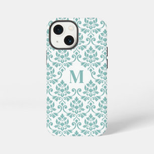 Etui iPhone 13 Mini Feuille Motif Damassé Sarcelle (Sur mesure)