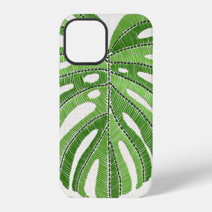 Coque iPhone 12 Feuilles de palmier brodées. Monstera tropical ver