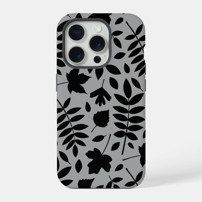 Coque iPhone Feuilles tombés Lg Motif noir sur gris (Verso)
