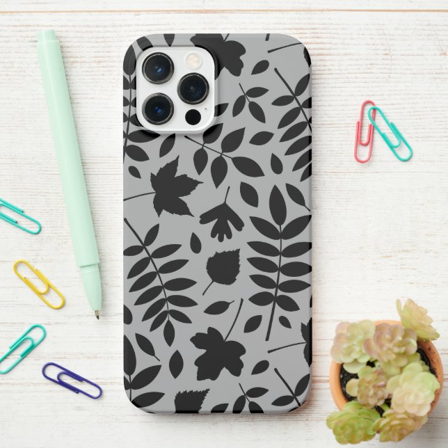 Coque iPhone Feuilles tombés Lg Motif noir sur gris (Sur le bureau)