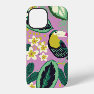 Coque iPhone 12 Feuilles tropicales, fleurs et oiseau toucan sans 